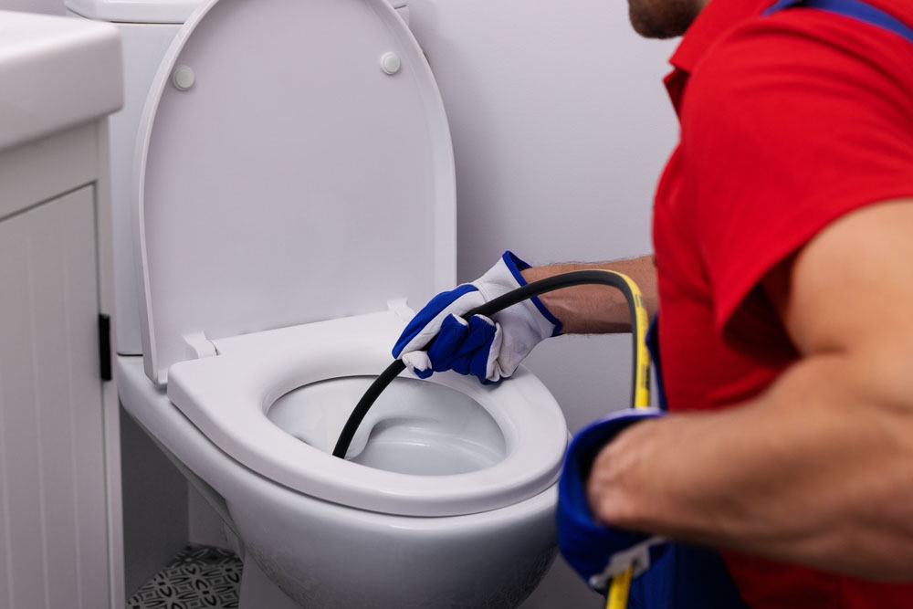 plumber unclogging blocked toilet with hydro jetting